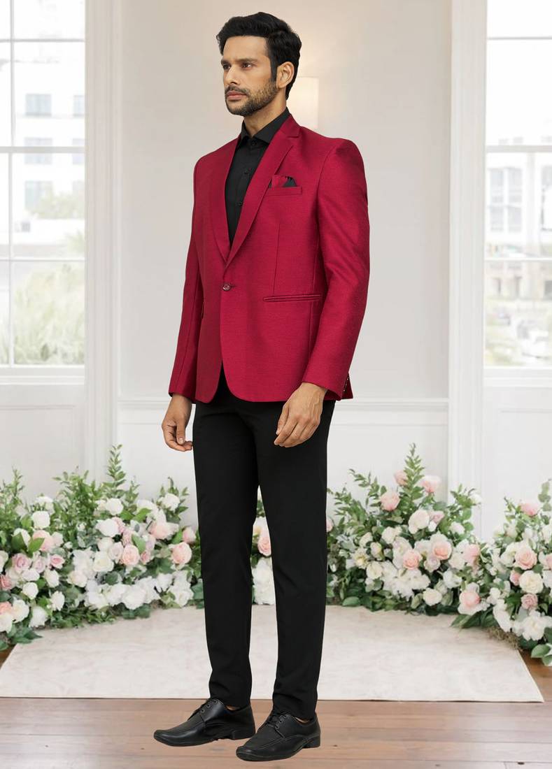 Maroon jacquard plain solid full sleeve blazer and pant for men