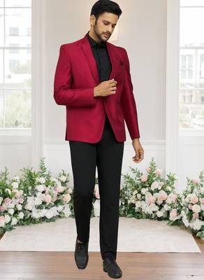 Maroon jacquard plain solid full sleeve blazer and pant for men 2
