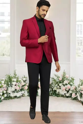 Maroon jacquard plain solid full sleeve blazer and pant for men