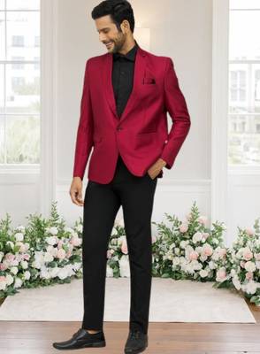 Maroon jacquard plain solid full sleeve blazer and pant for men 3