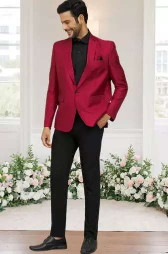 Maroon jacquard plain solid full sleeve blazer and pant for men