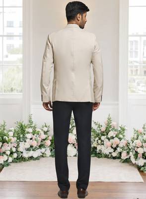 Cream jacquard plain solid full sleeve blazer and pant for men 2