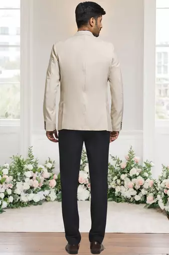 Cream jacquard plain solid full sleeve blazer and pant for men
