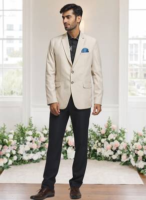 Cream jacquard plain solid full sleeve blazer and pant for men 1