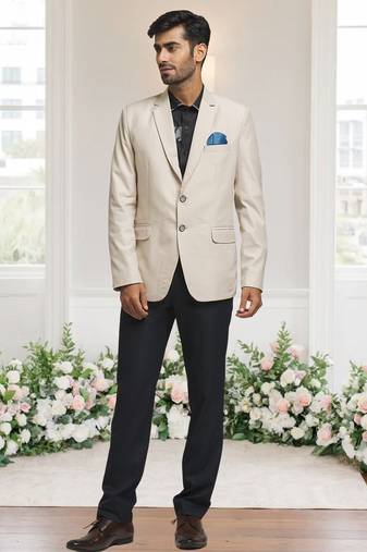 Cream jacquard plain solid full sleeve blazer and pant for men