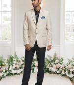 Cream jacquard plain solid full sleeve blazer and pant for men