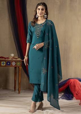 Teal colour with embroidered work marin silk Kurta set for women 1