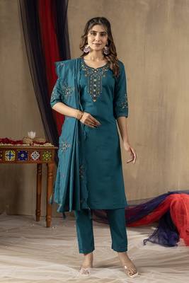 Teal colour with embroidered work marin silk Kurta set for women 2