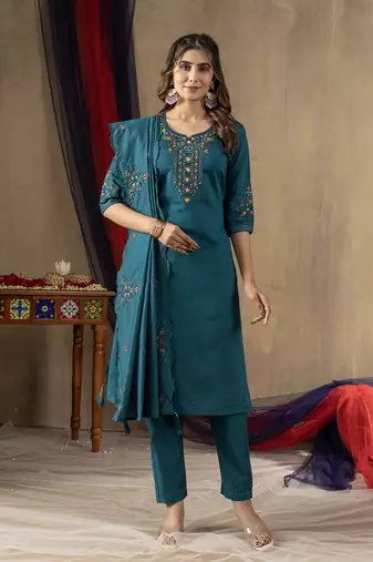Teal colour with embroidered work marin silk Kurta set for women