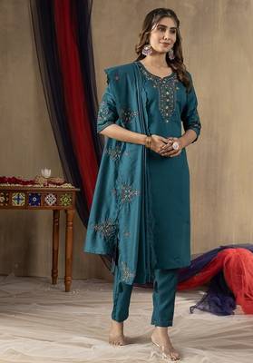 Teal colour with embroidered work marin silk Kurta set for women 3