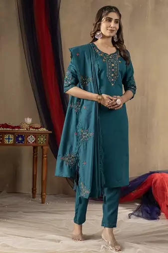 Teal colour with embroidered work marin silk Kurta set for women