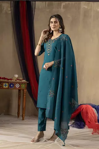 Teal colour with embroidered work marin silk Kurta set for women