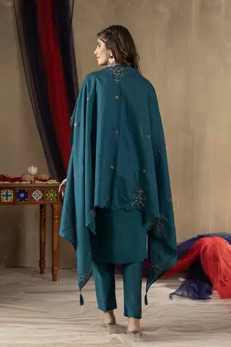 Teal colour with embroidered work marin silk Kurta set for women