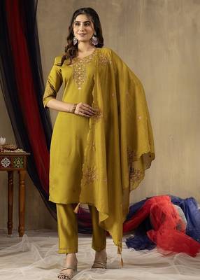Mustard colour with embroidered work marin silk Kurta set for women 1