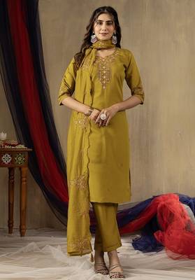 Mustard colour with embroidered work marin silk Kurta set for women 2