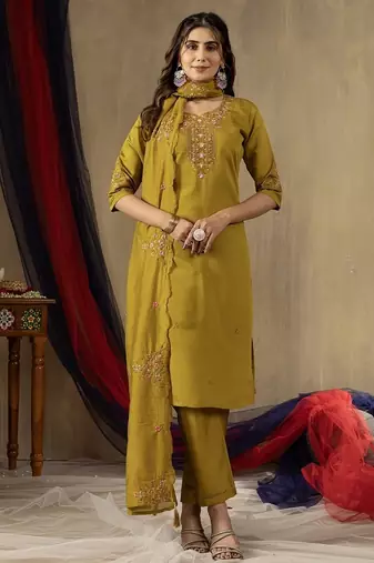 Mustard colour with embroidered work marin silk Kurta set for women