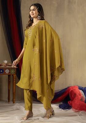 Mustard colour with embroidered work marin silk Kurta set for women 3