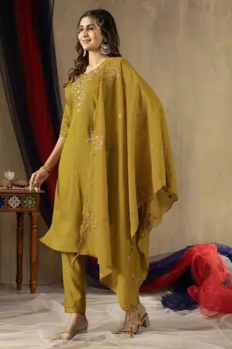Mustard colour with embroidered work marin silk Kurta set for women