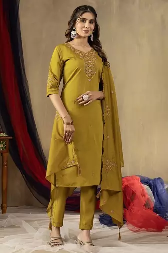 Mustard colour with embroidered work marin silk Kurta set for women