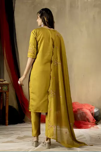 Mustard colour with embroidered work marin silk Kurta set for women