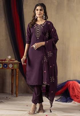 Wine colour with embroidered work marin silk Kurta set for women 1