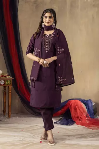 Wine colour with embroidered work marin silk Kurta set for women