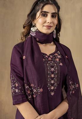 Wine colour with embroidered work marin silk Kurta set for women 3