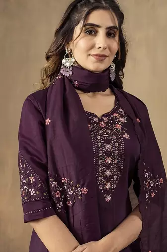 Wine colour with embroidered work marin silk Kurta set for women