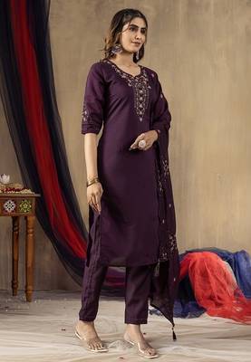 Wine colour with embroidered work marin silk Kurta set for women 4