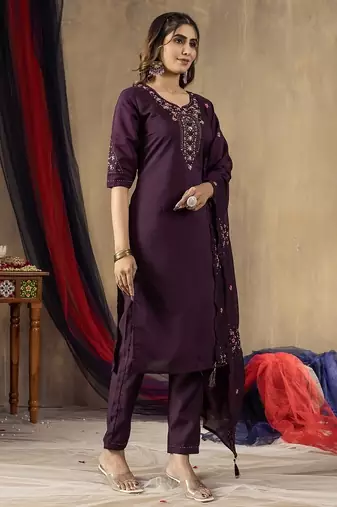 Wine colour with embroidered work marin silk Kurta set for women