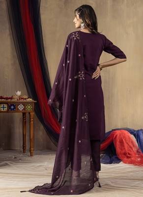 Wine colour with embroidered work marin silk Kurta set for women 5