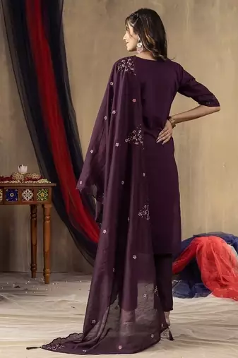 Wine colour with embroidered work marin silk Kurta set for women