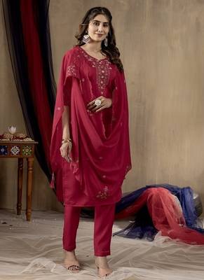 Pink colour with embroidered work marin silk Kurta set for women 2