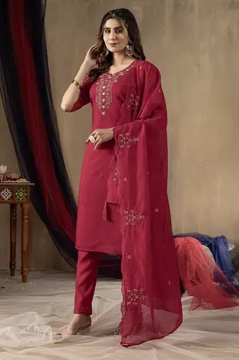 Pink colour with embroidered work marin silk Kurta set for women