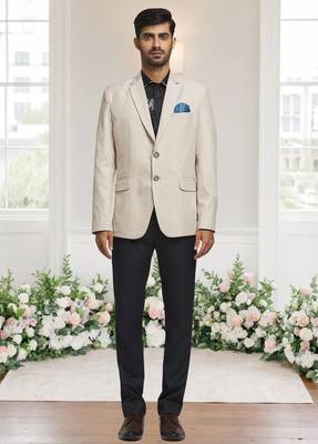 Cream jacquard plain solid full sleeve blazer and pant for men 3
