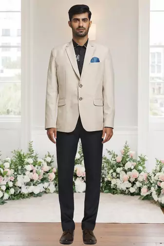 Cream jacquard plain solid full sleeve blazer and pant for men