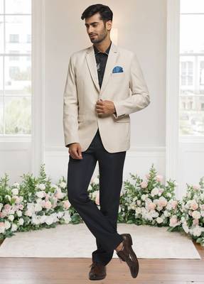 Cream jacquard plain solid full sleeve blazer for men 1