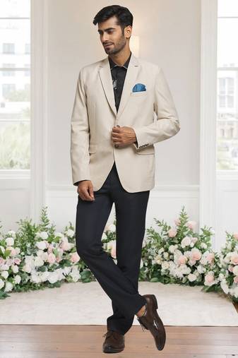 Cream jacquard plain solid full sleeve blazer for men