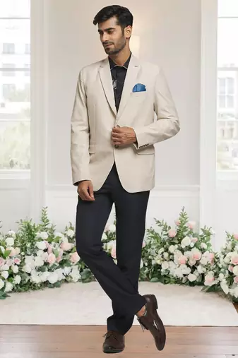 Cream jacquard plain solid full sleeve blazer for men