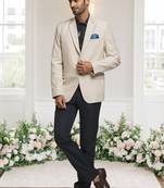 Cream jacquard plain solid full sleeve blazer for men