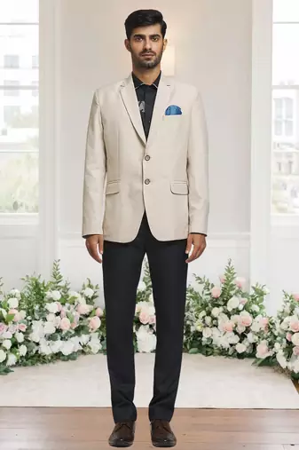 Cream jacquard plain solid full sleeve blazer for men