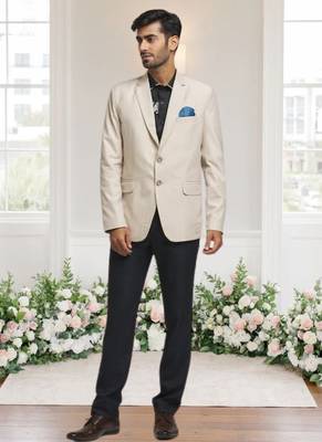 Cream jacquard plain solid full sleeve blazer for men 3