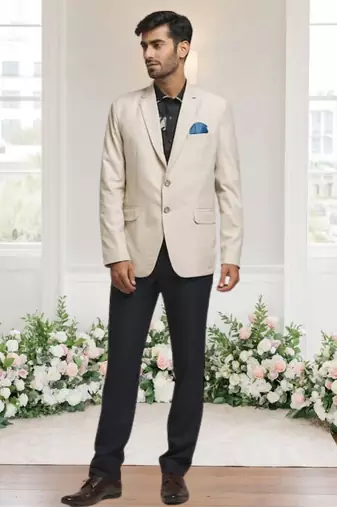 Cream jacquard plain solid full sleeve blazer for men