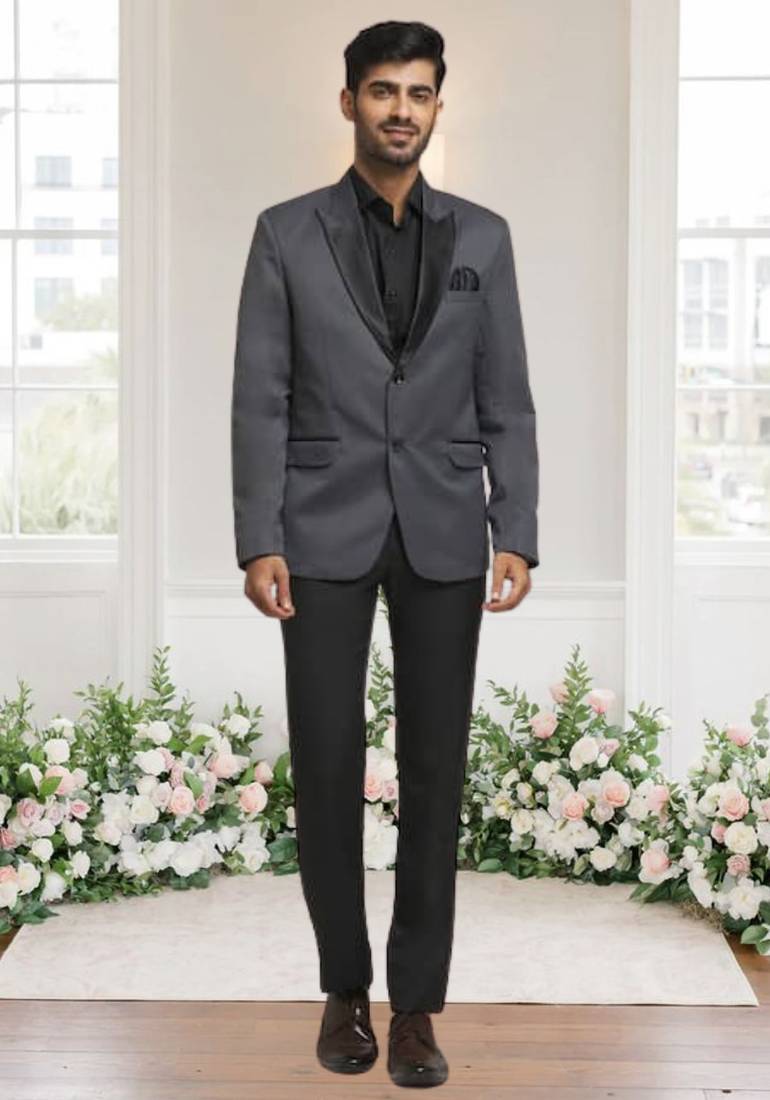 Grey jacquard plain solid full sleeve blazer for men