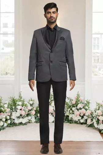 Grey jacquard plain solid full sleeve blazer for men