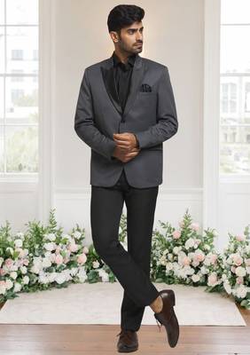 Grey jacquard plain solid full sleeve blazer for men 3