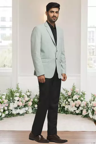 Pista green jacquard plain solid full sleeve blazer for men