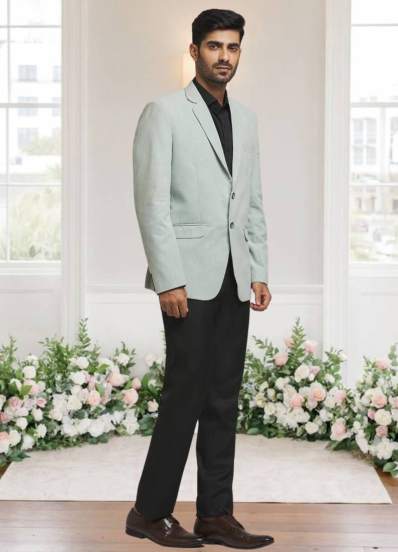 Pista green jacquard plain solid full sleeve blazer for men