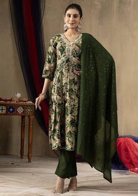 Green colour with embroidered work marin silk Kurta set for women 1