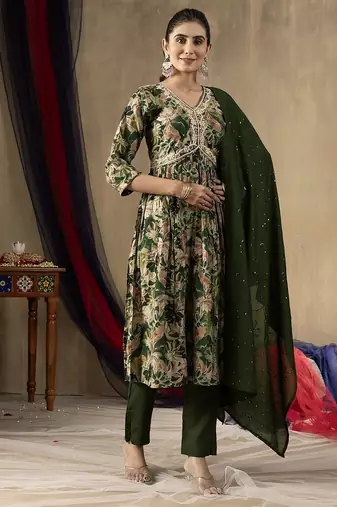 Green colour with embroidered work marin silk Kurta set for women